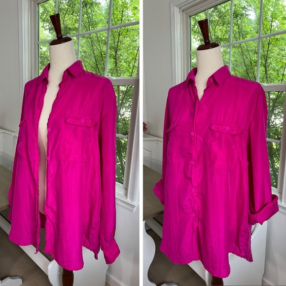 Just Silk Tops - VTG Just Silk 100% Silk Vibrant Fuchsia Lightweight Buttoned Down Blouse Top
